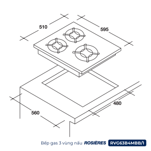 Bếp gas 3 vùng nấu Rosières RVG63B4MBB/1